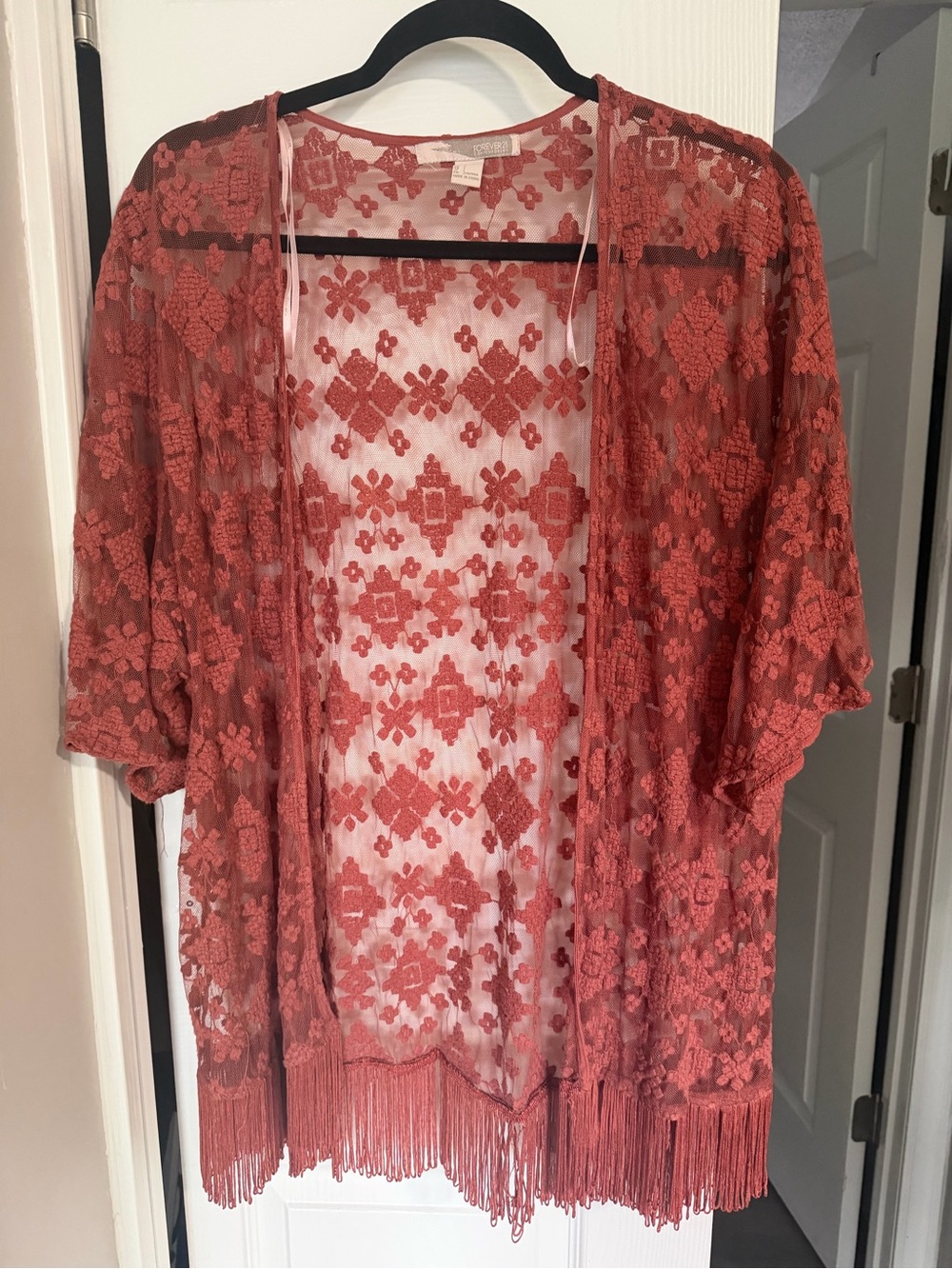 Forever 21 Coral Lace Fringe Kimono